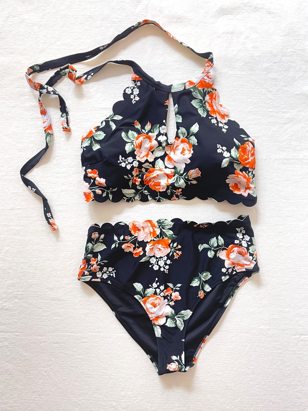 Women Floral High-Neck Bikini Set - Scalloped Edge, Black with Orange Floral